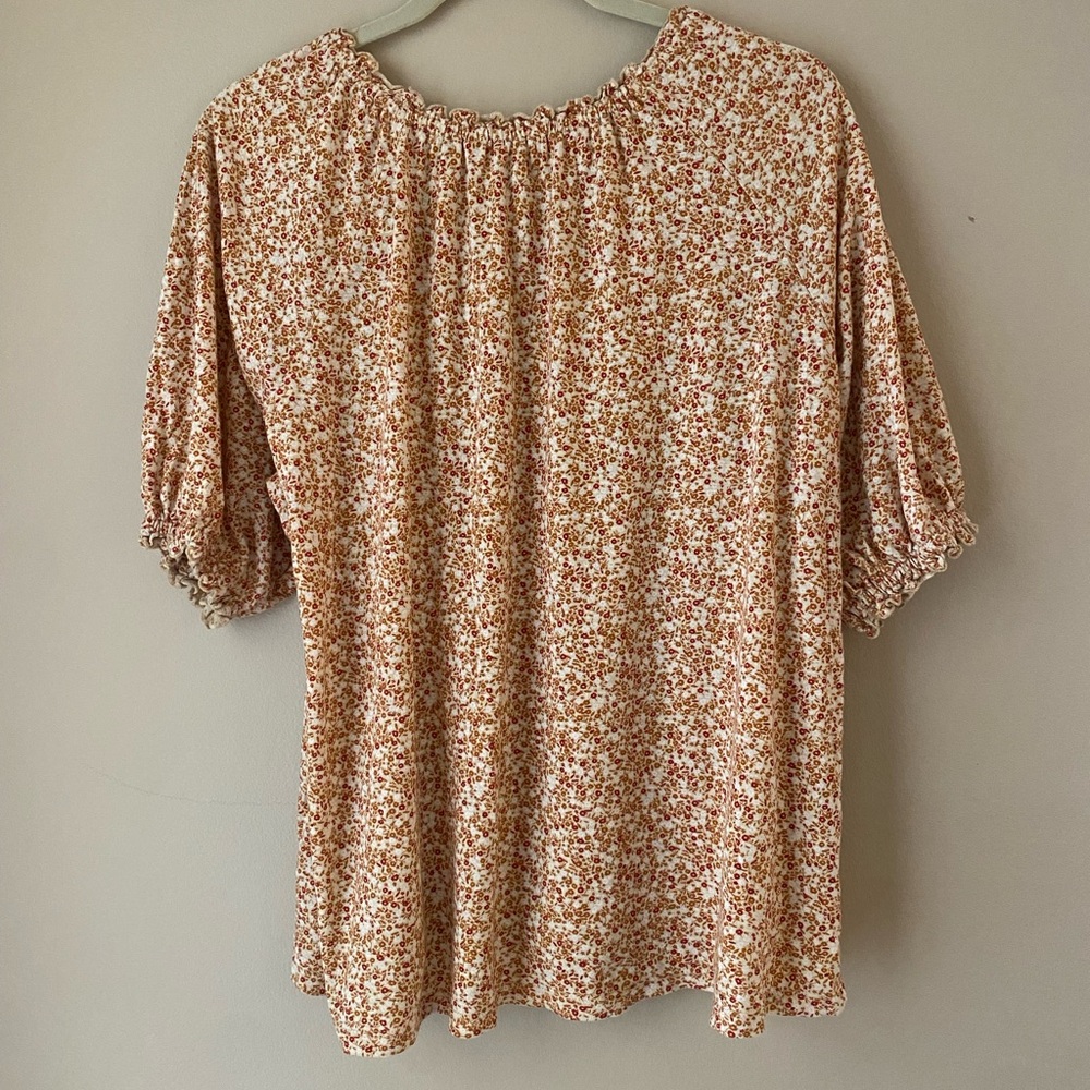 Wonderly Brown and Cream Floral Tie-Neck Peasant Blouse - Picture 5 of 5